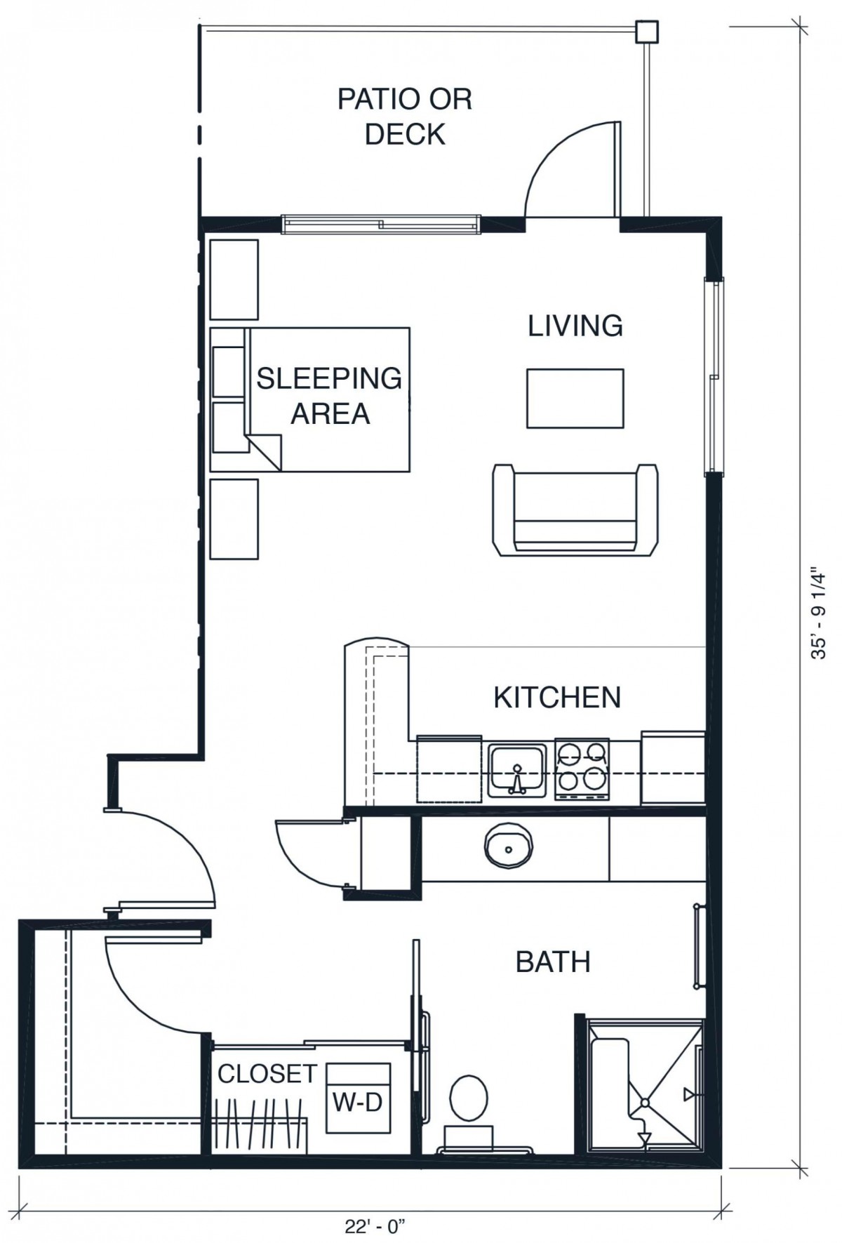 Floor plan of a studio apartment with designated living, kitchen, bath, and sleeping areas.