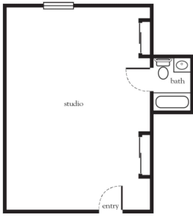 A floor plan of a studio apartment with a designated bathroom area.