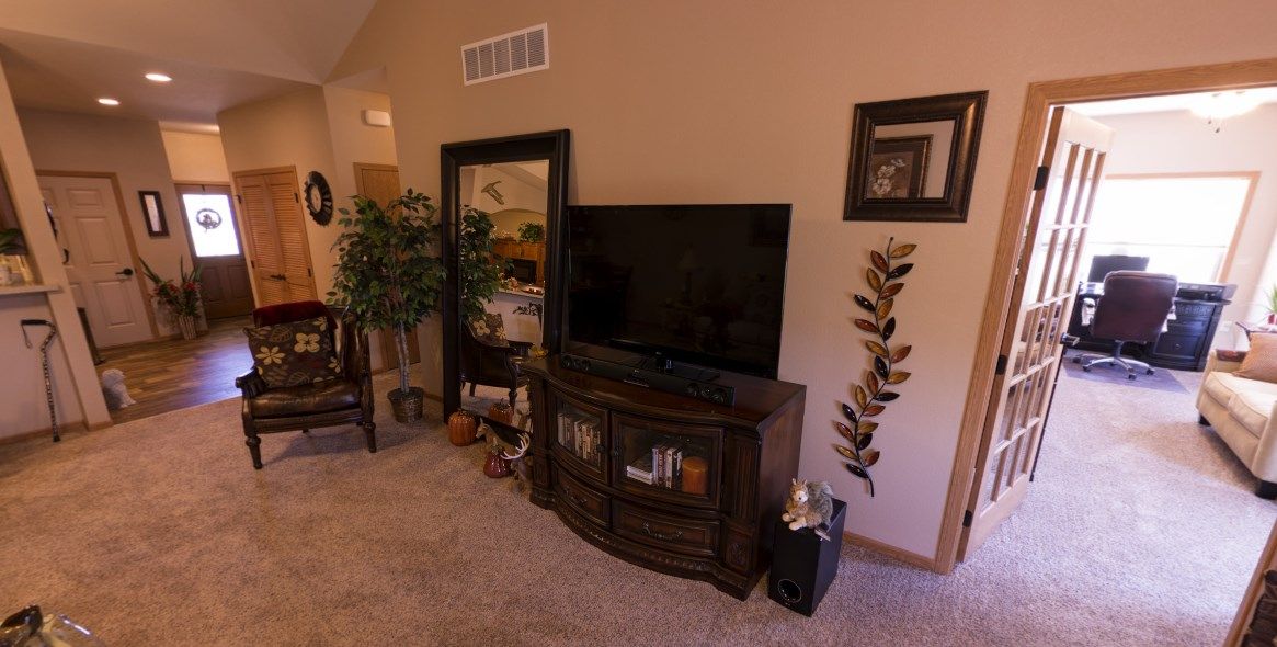 A cozy living room with a television on a wooden cabinet, surrounded by decorative elements including a large mirror, indoor plants, and wall art.