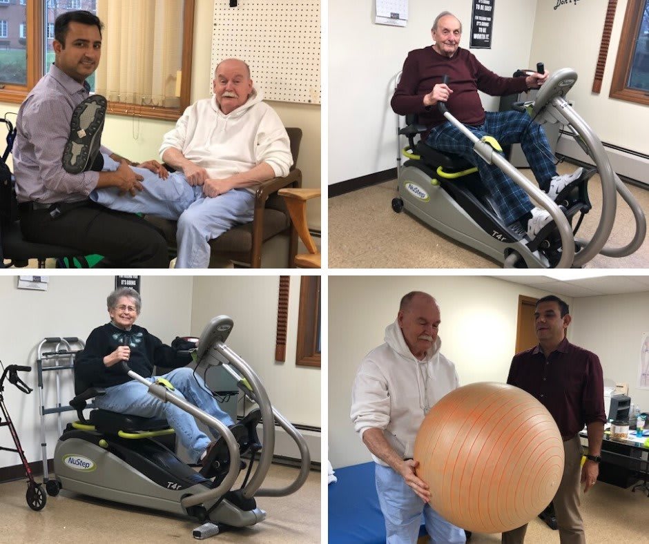 A senior individual engaging in exercises and physical therapy activities assisted by a caregiver.