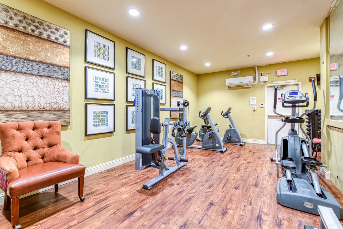 A well-equipped gym room with exercise machines and decorative wall art.