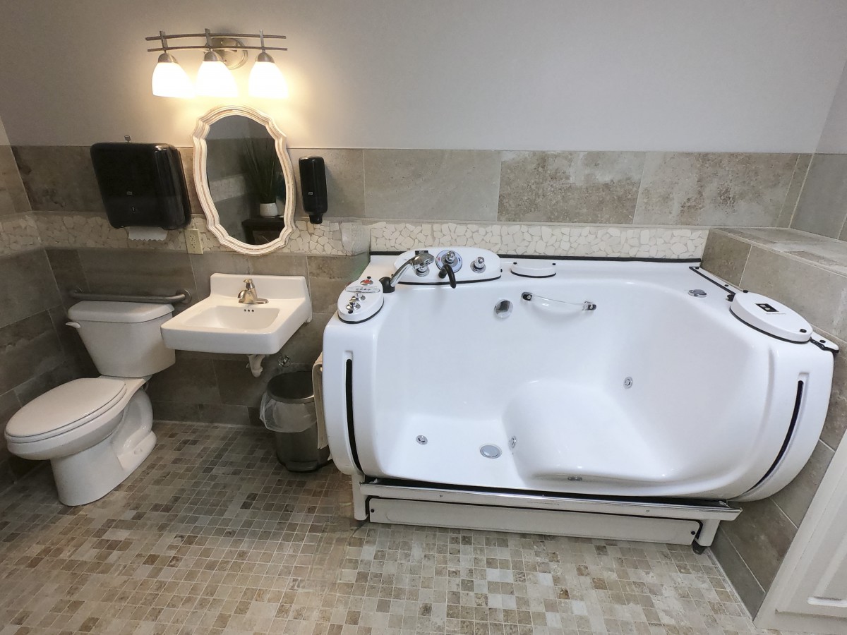 A modern bathroom featuring a walk-in bathtub, sink, toilet, and ornate mirror.