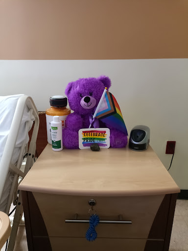 A cheerful purple teddy bear with a pride flag sits on a nightstand in a hospital room.