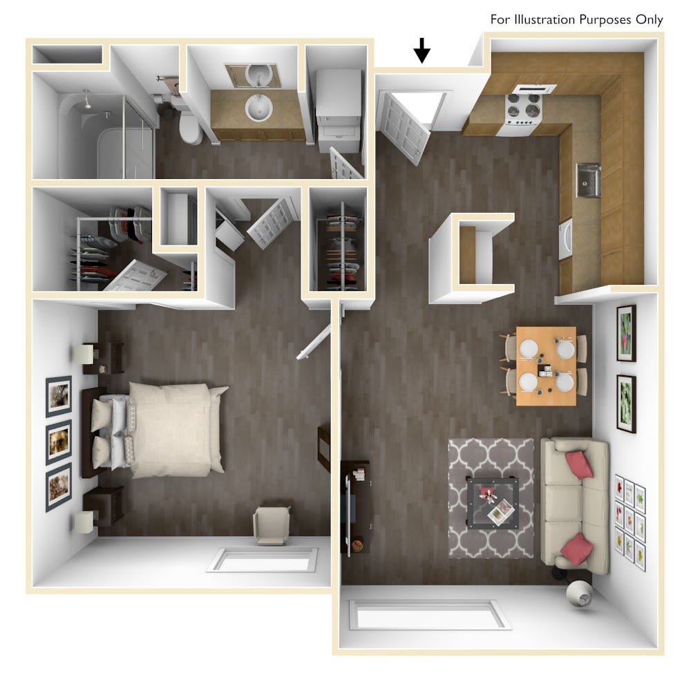 A detailed floor plan of a one-bedroom apartment featuring a living room, kitchen, bathroom, and bedroom.