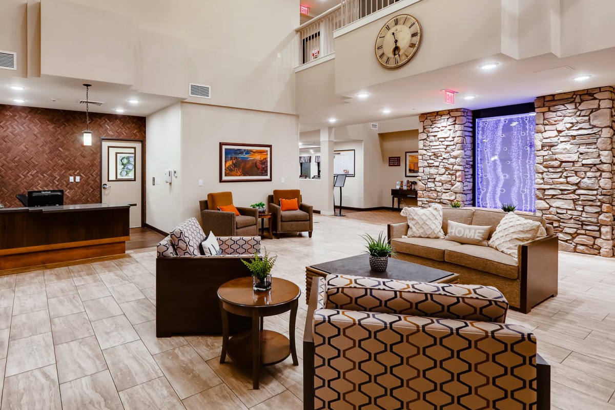 A modern lobby with comfortable seating and stylish decor.