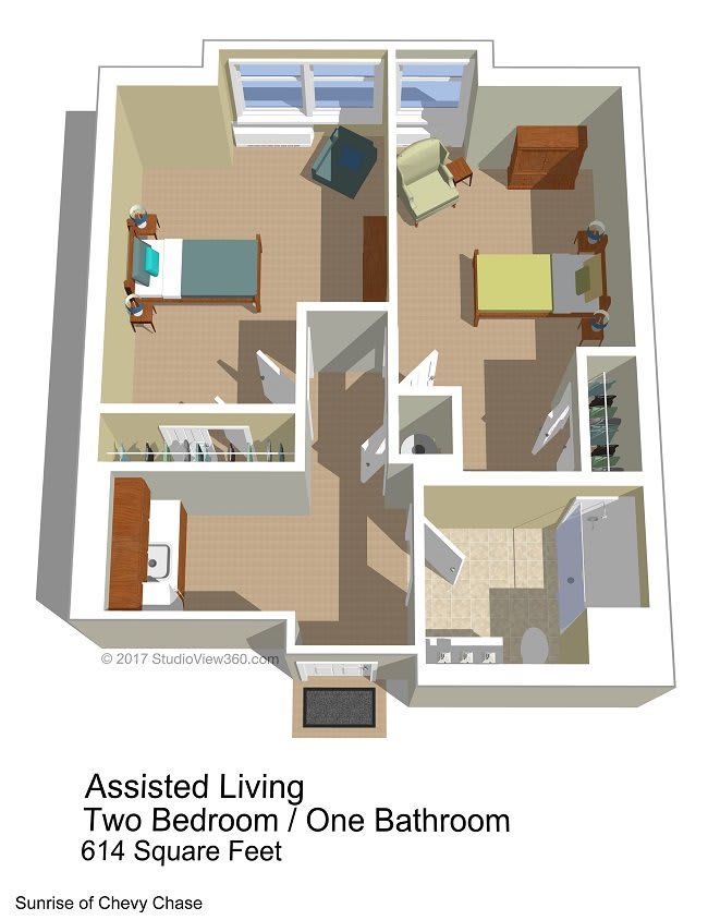 3D floor plan of a two-bedroom, one-bathroom assisted living apartment.