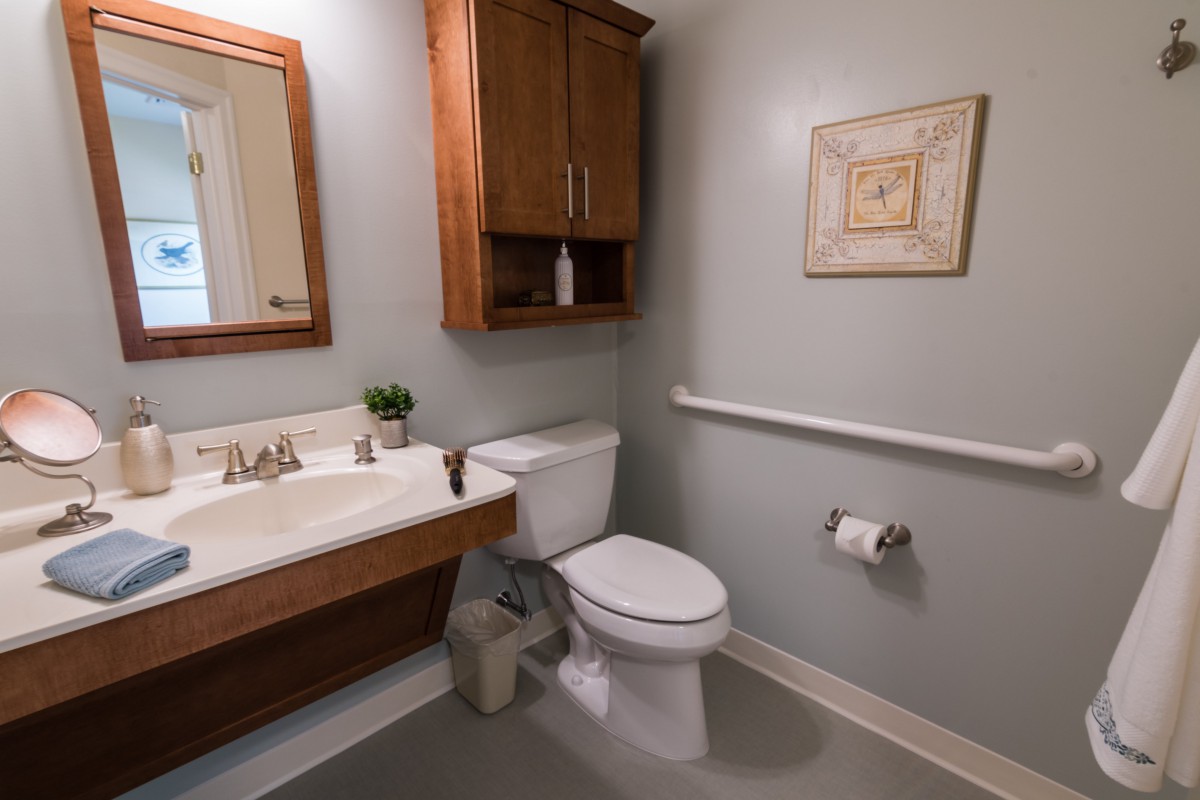A modern bathroom with a sleek design featuring a toilet, sink, mirror, and wall-mounted cabinet.