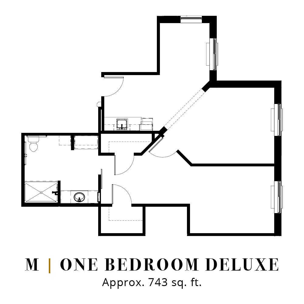 Floor plan of a One Bedroom Deluxe apartment, approximately 743 square feet.