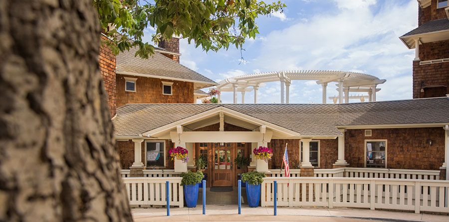 A charming house with a welcoming entrance adorned by blue planters and colorful flowers.