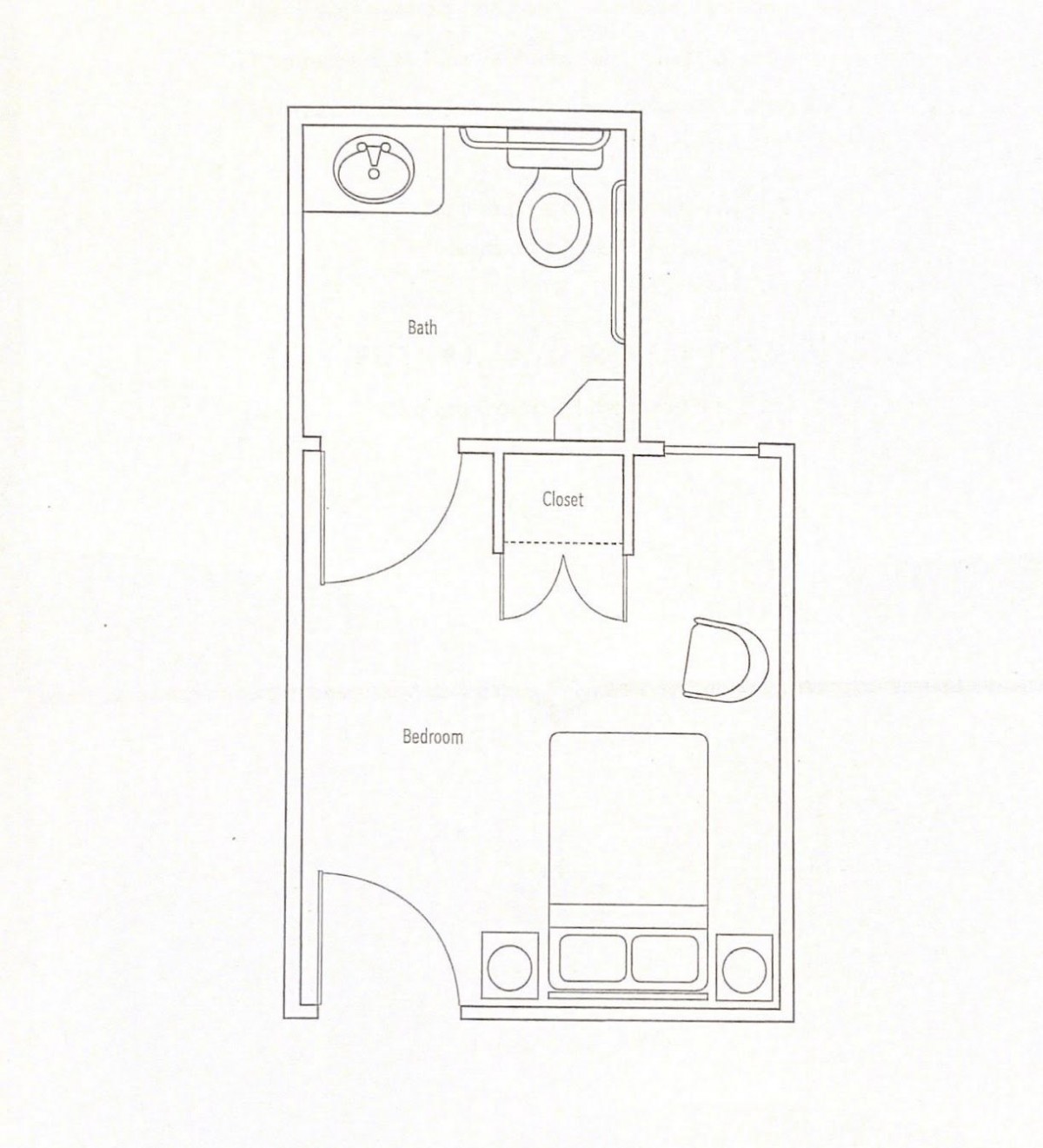 A simple floor plan layout of a small apartment with a bedroom and bathroom.