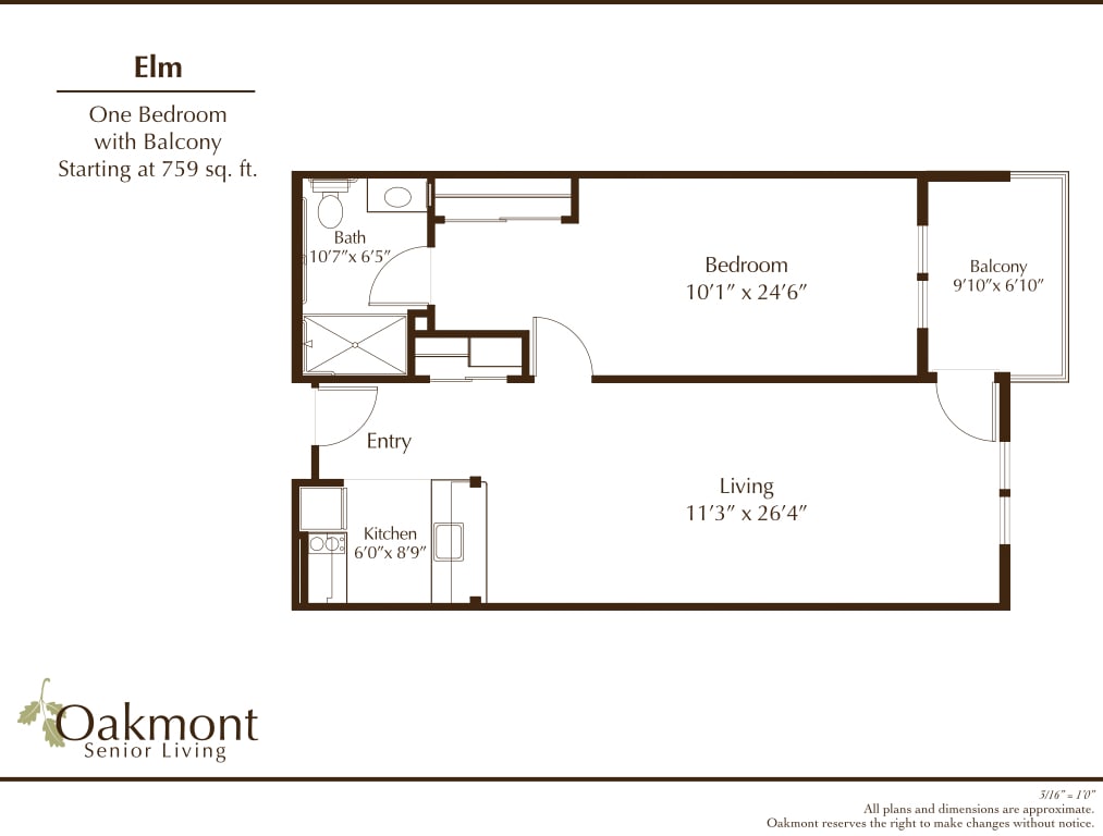 One-bedroom apartment floor plan with balcony and living area.