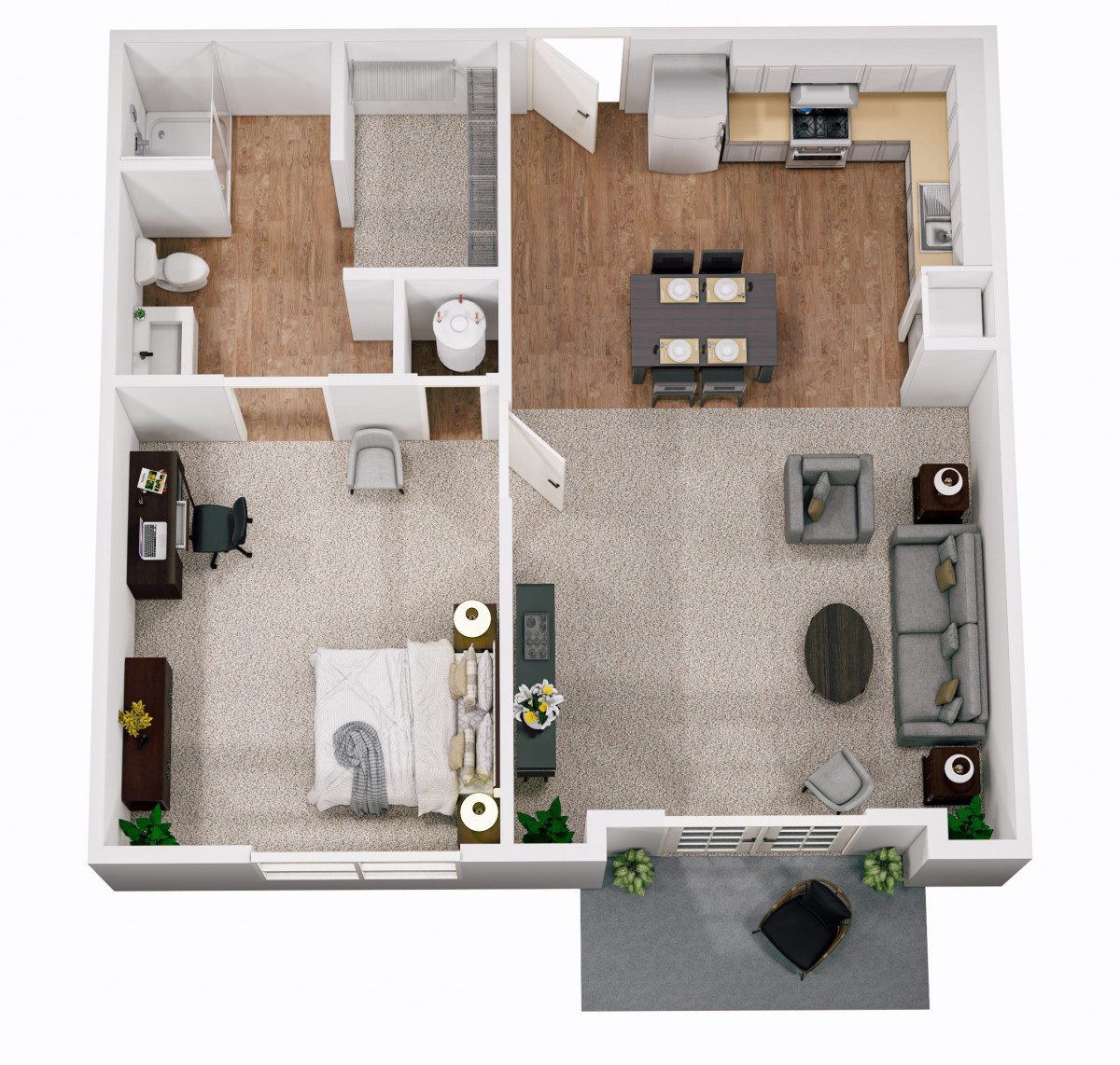 A detailed floor plan of a one-bedroom apartment featuring a kitchen, living room, bathroom, bedroom, and balcony.