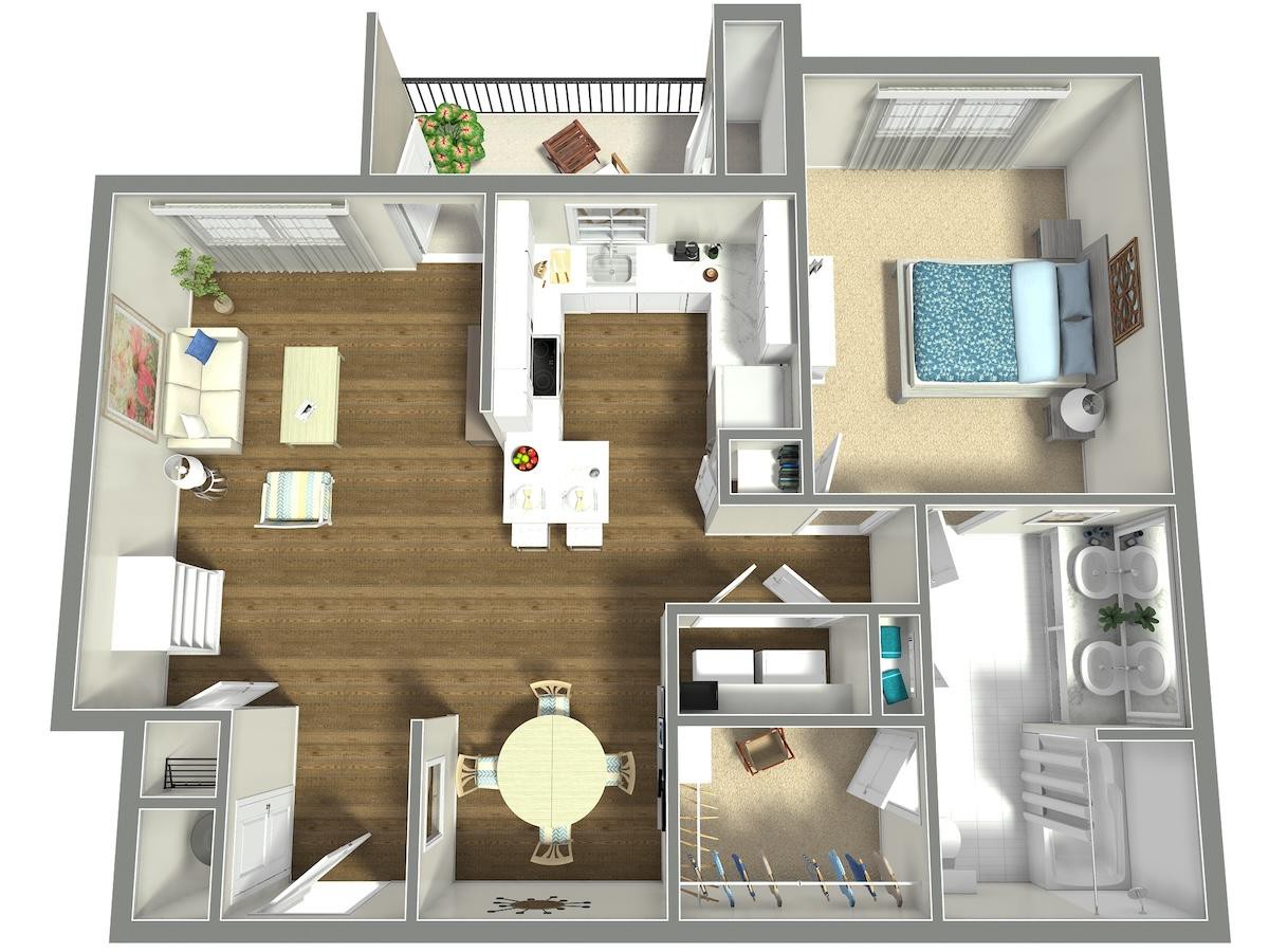 A 3D floor plan of a one-bedroom apartment featuring a living room, kitchen, bathroom, and dining area.