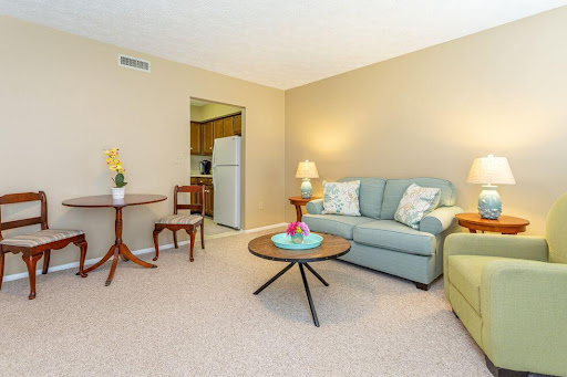 A cozy living room featuring a light blue sofa, a green chair, and a stylish coffee table.