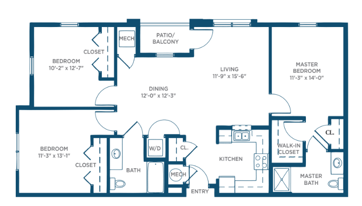 A detailed floor plan of a two-bedroom apartment showing the arrangement of rooms including kitchen, dining area, living room, and bathroom.