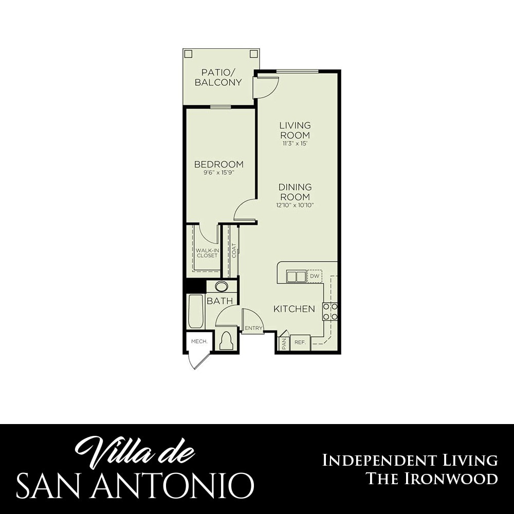 Floor plan of The Ironwood independent living apartment at Villa de San Antonio.