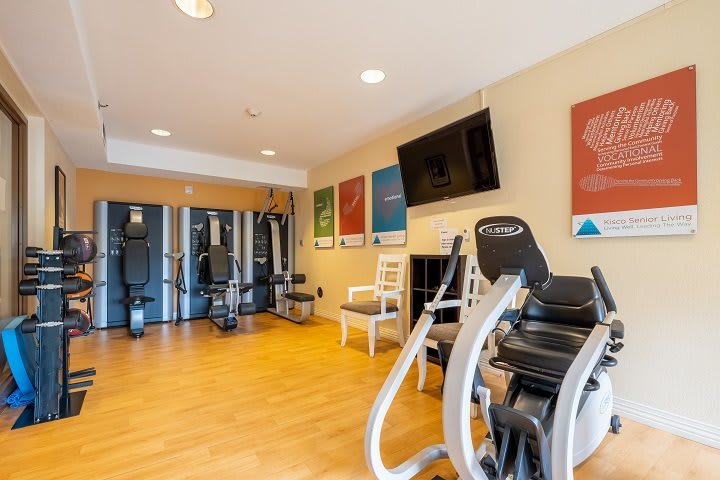 A small gym featuring exercise equipment and a TV screen on a wooden floor.