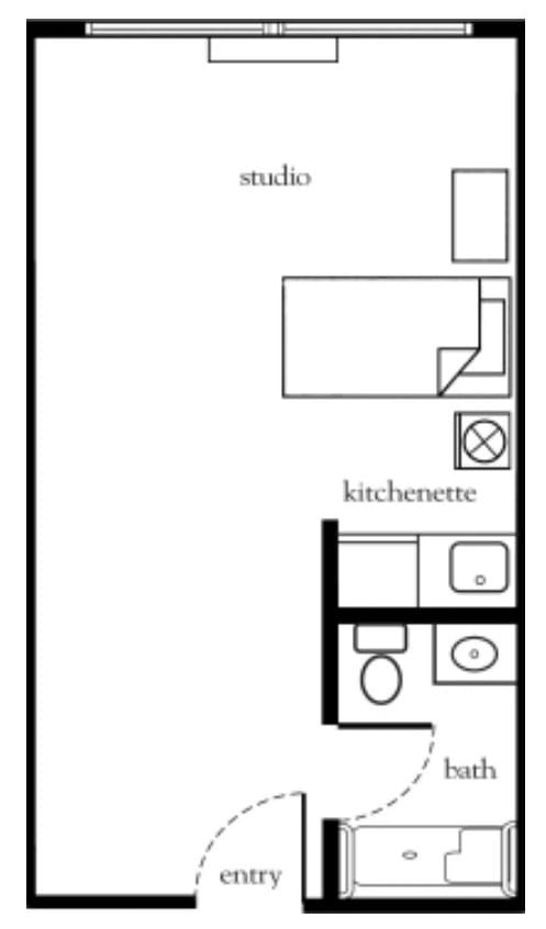 A simple floor plan of a small studio apartment with a kitchenette and bathroom.