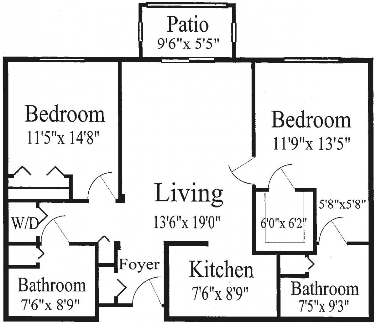 Floor plan of a two-bedroom apartment featuring a living room, kitchen, patio, and two bathrooms.