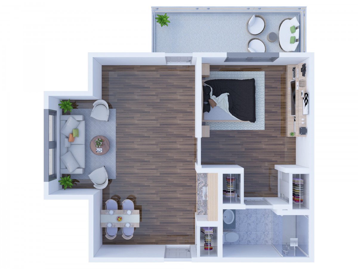 A modern 1-bedroom apartment floor plan with a living room, kitchen, and bathroom.