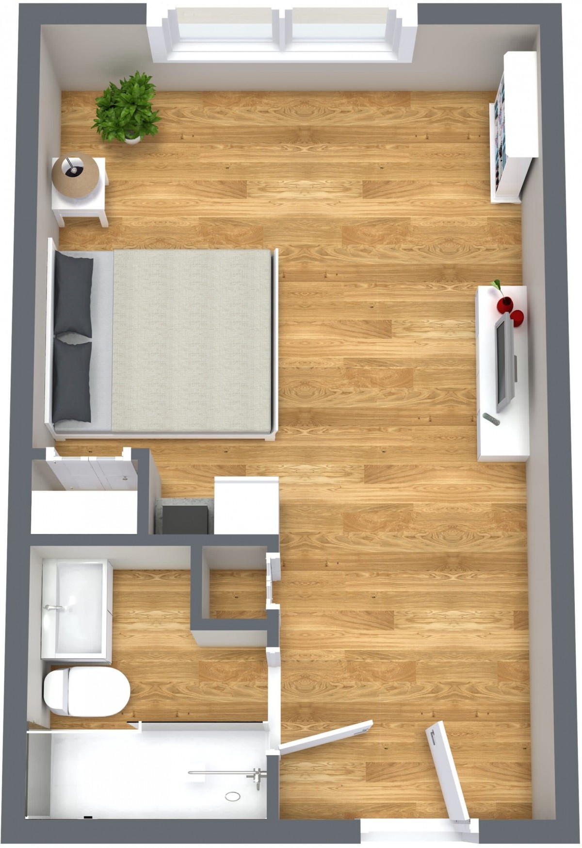 A minimalist apartment floor plan featuring a bedroom and bathroom with wood flooring.