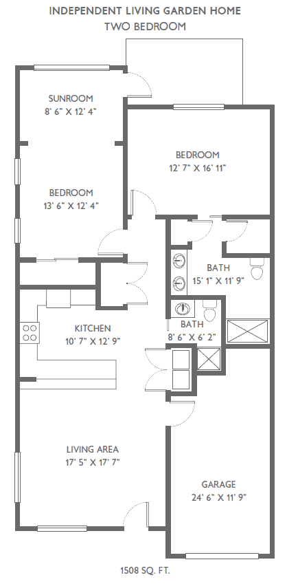 A floor plan showing the layout of an apartment with two bedrooms, a kitchen, and bathrooms.