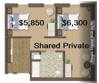 Floor plan showing shared and private room options with pricing.