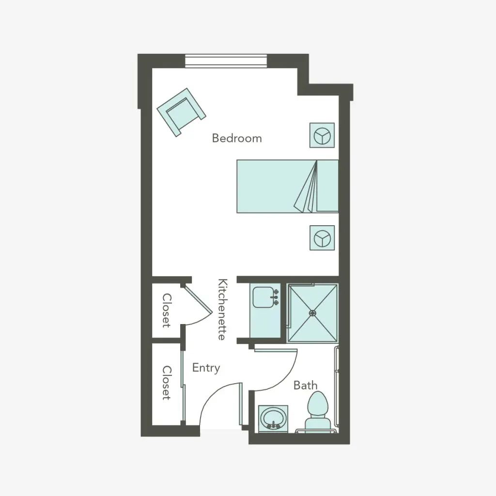 Floor plan of a compact studio apartment with designated areas for living, sleeping, and amenities.