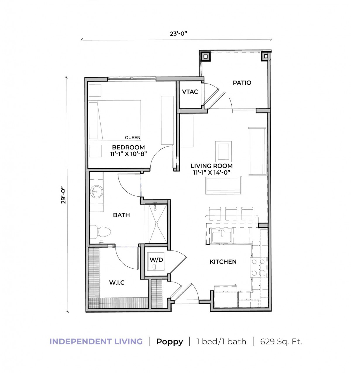 A floor plan showing a one-bedroom, one-bathroom house layout with dimensions.