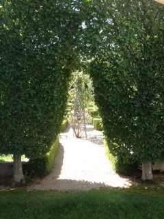 A garden pathway framed by a topiary archway.