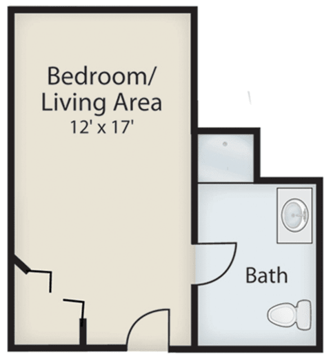 A simple floor plan for a studio apartment with a combined bedroom and living area, alongside a bathroom.