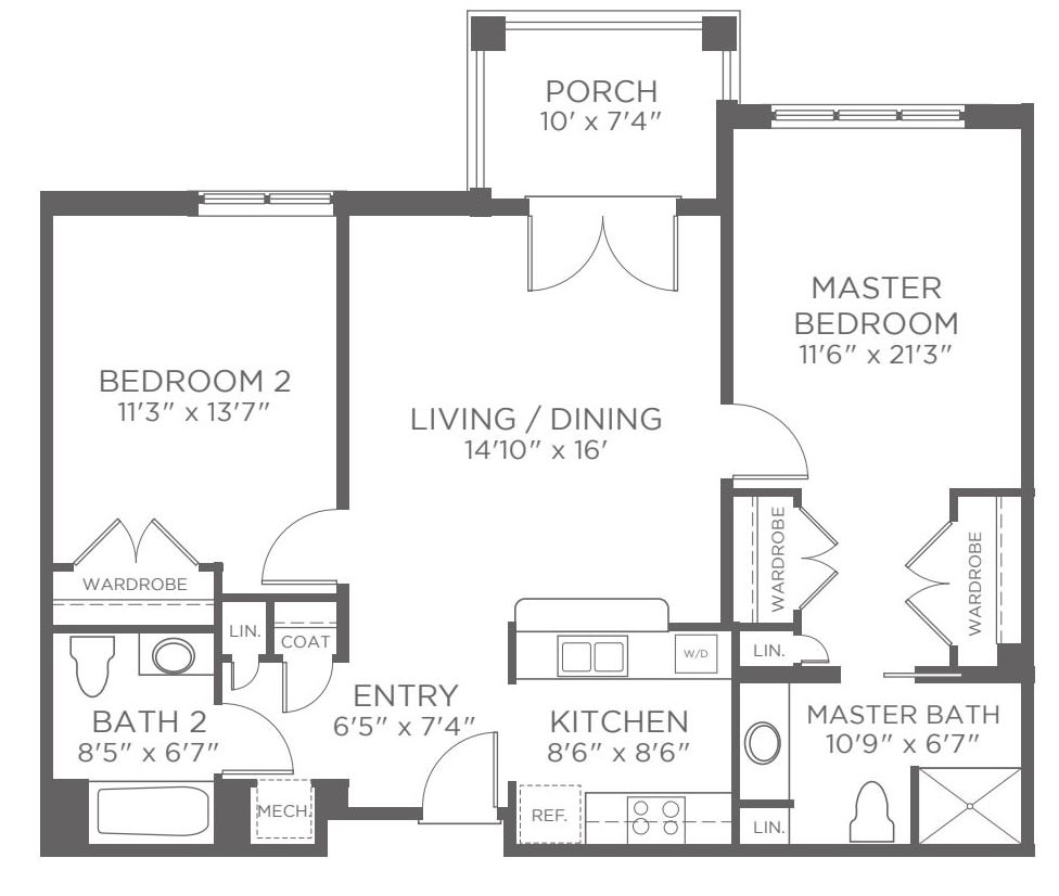 A floor plan of a two-bedroom apartment with designated areas for the living/dining room, kitchen, bathrooms, master bedroom, second bedroom, and a porch.