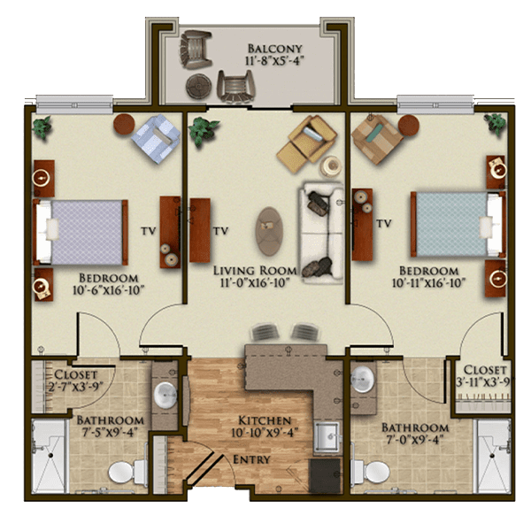 A floor plan of a two-bedroom apartment with a living room, kitchen, and balcony.
