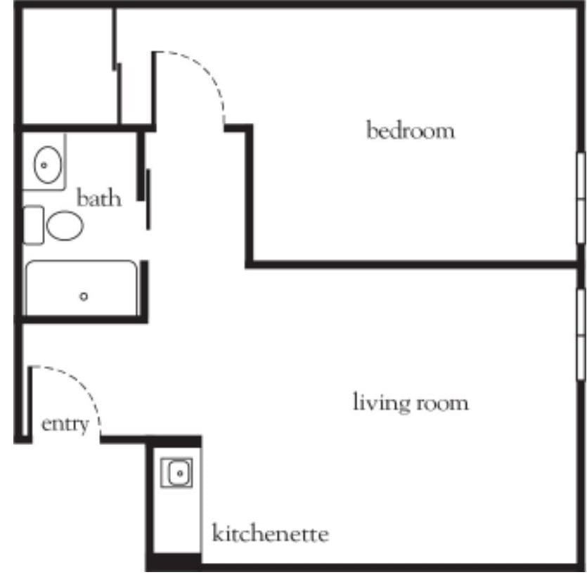 A simple apartment floor plan featuring a bedroom, living room, kitchenette, and bathroom.