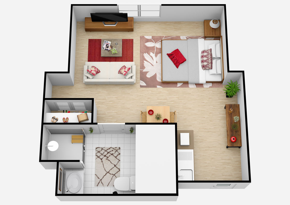 A compact apartment floor plan featuring a combined bedroom and living area with a small kitchenette and bathroom.