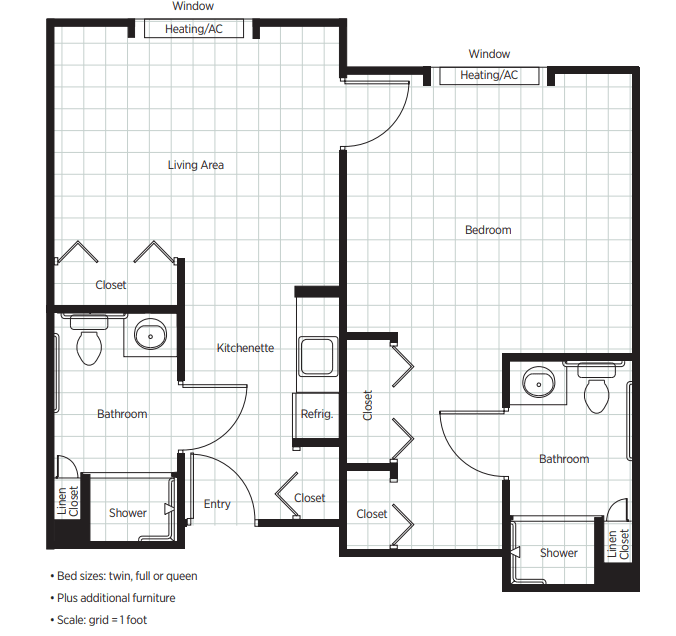 A floor plan of a 1-bedroom apartment featuring a spacious living room, kitchen, and bathroom layout.