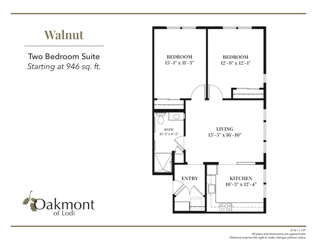 Floor plan of a two-bedroom suite at Oakmont with dimensions and layout details.
