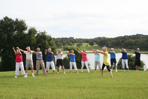 A group of individuals participating in an outdoor exercise class by the lake.