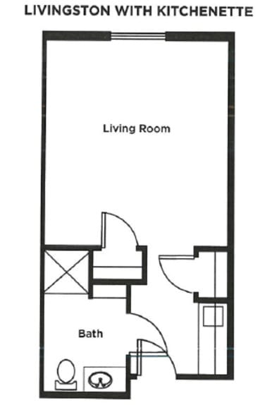 A simple floor plan layout showing a living room and bathroom.