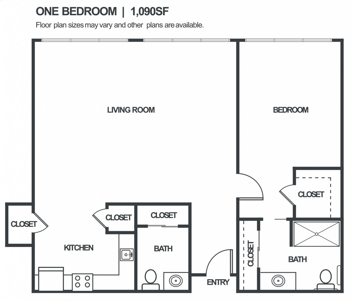 A floor plan of a one-bedroom apartment featuring a living room, kitchen, bathroom, and closets.
