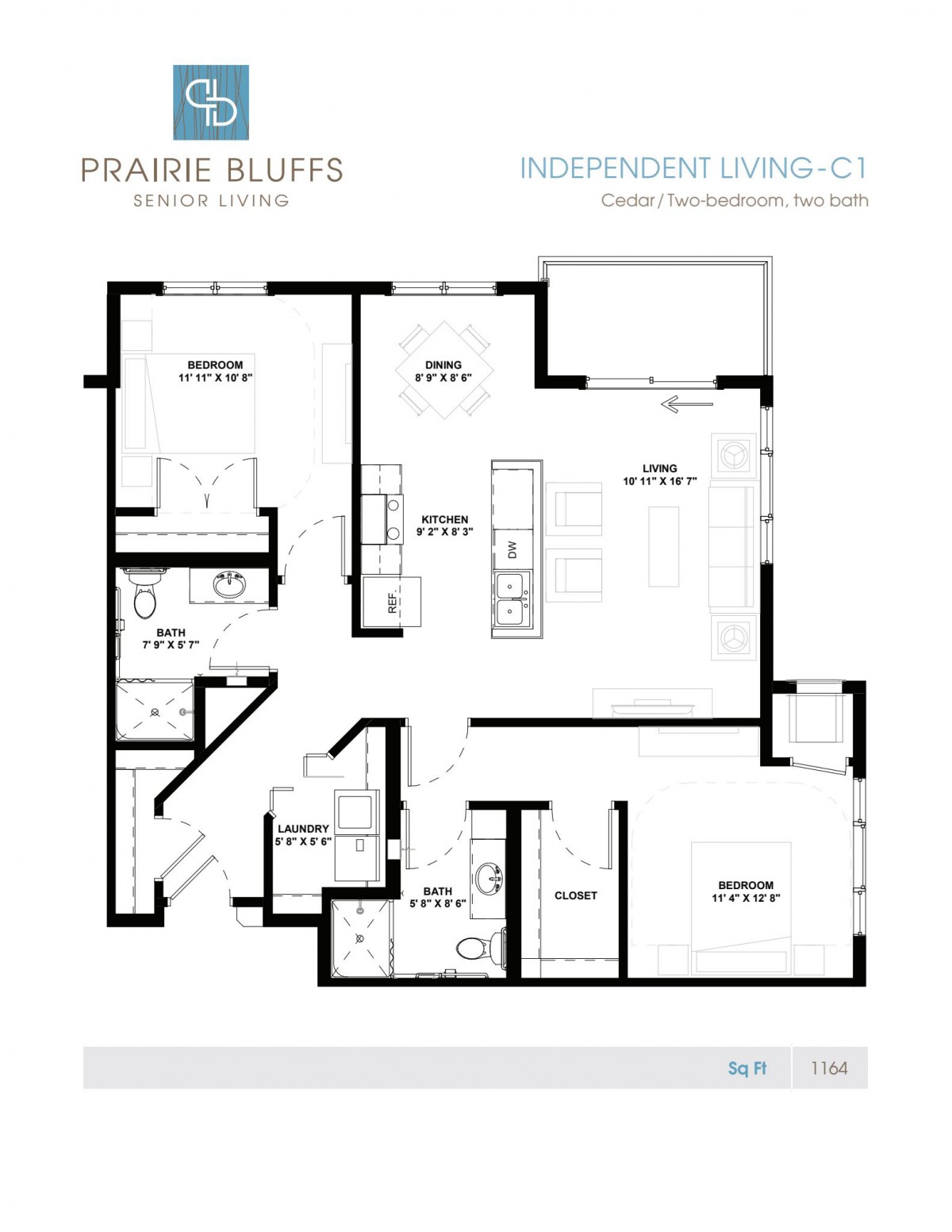 A floor plan of a two-bedroom apartment at Prairie Bluffs, showing room layouts and dimensions.