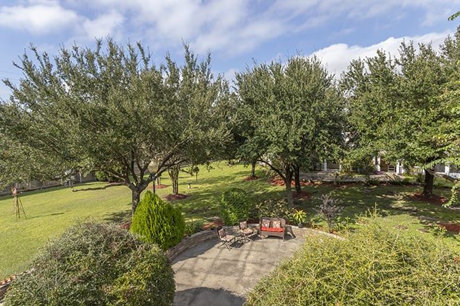 A peaceful garden with a patio set amidst lush greenery.