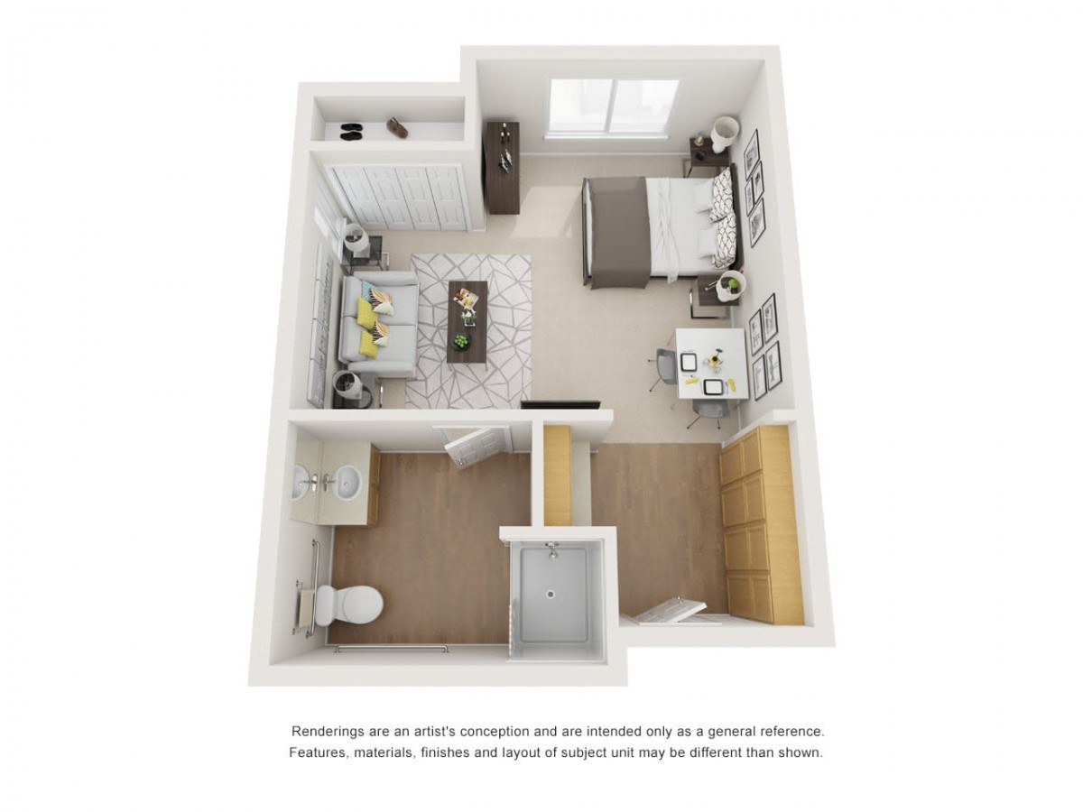 A 3D floor plan of a one-bedroom apartment showcasing the interior layout and furniture arrangement.