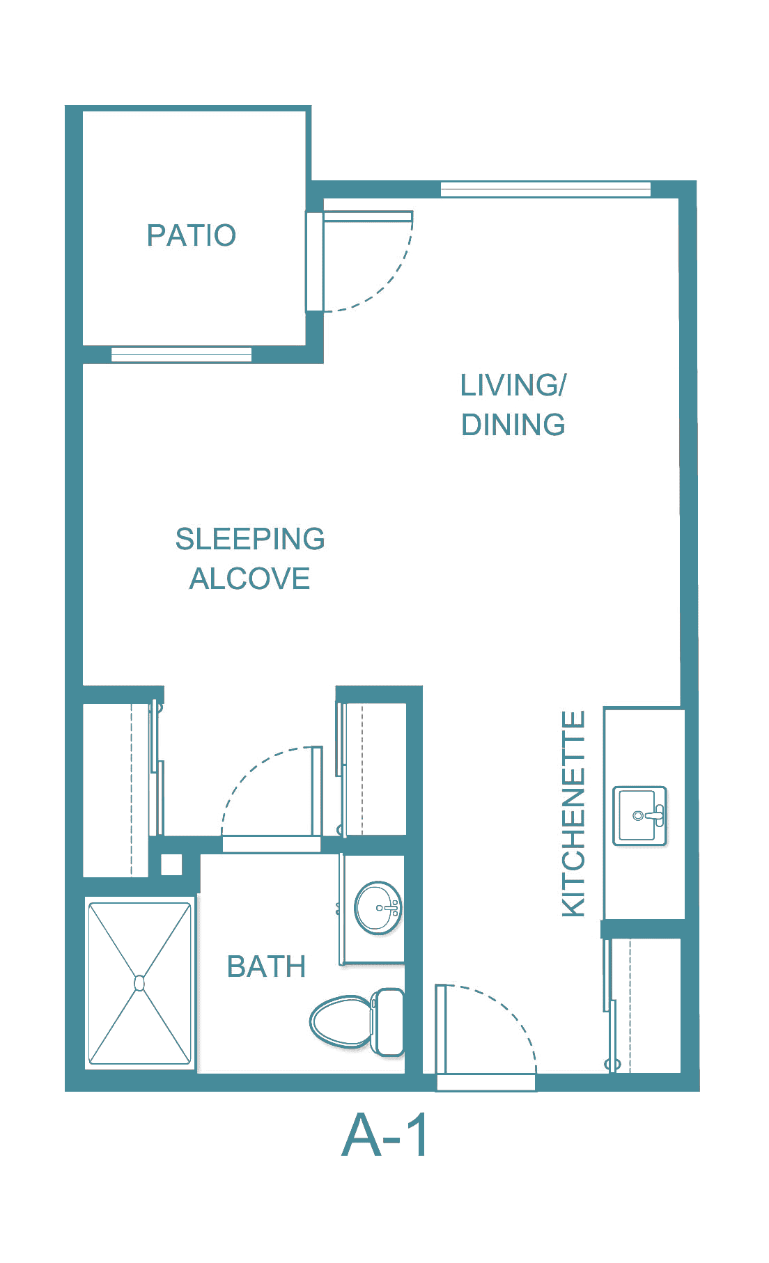Floor plan of a studio apartment with a living/dining area, kitchenette, sleeping alcove, and bathroom.