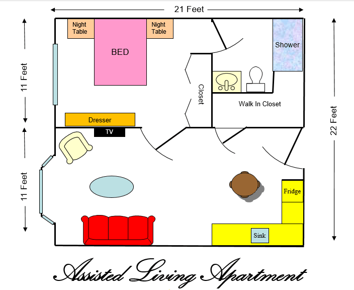 Floor plan of an assisted living apartment with designated areas for bedroom, bathroom, living room, and kitchen.