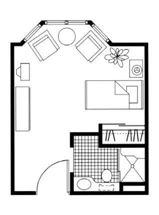 Studio apartment floor plan with living area, bathroom, and closet.