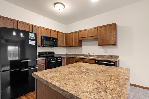 A modern kitchen featuring wooden cabinets, stainless steel appliances, and a spacious countertop.