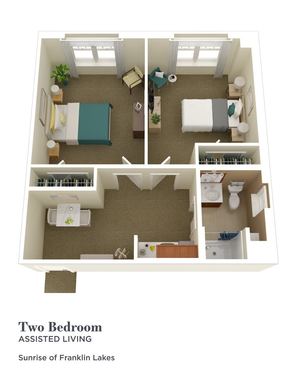 3D rendering of a two-bedroom apartment layout.