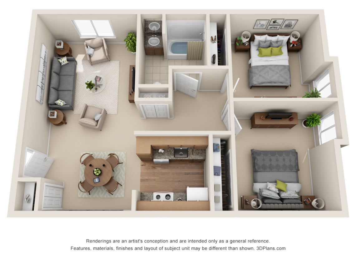 A 3D rendered floor plan of a two-bedroom apartment showcasing the interior layout and design.