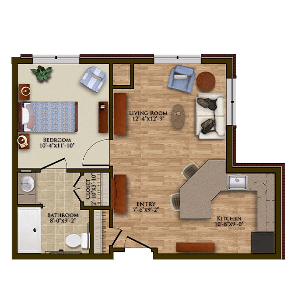 A one-bedroom apartment floor plan featuring a living room, kitchen, and bathroom.
